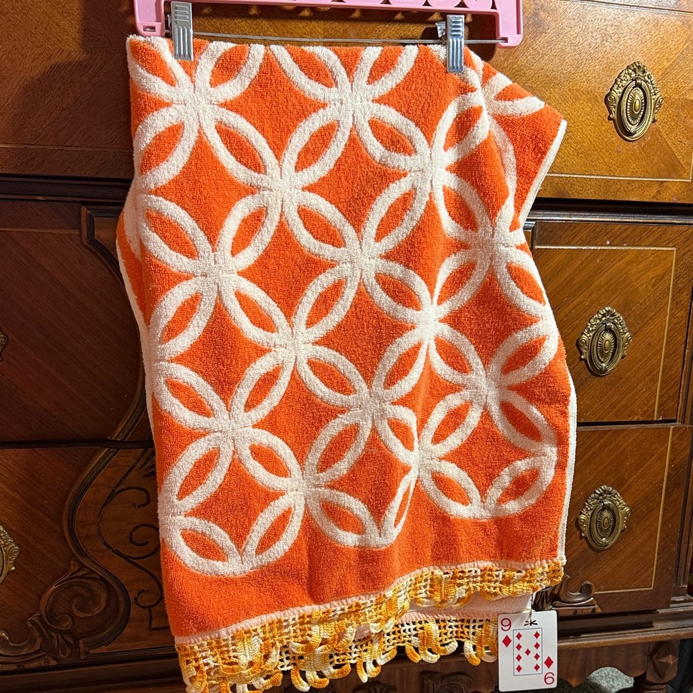 True Vintage crochet hem Orange White Geometric Towel by MARTEX, cotton, USA